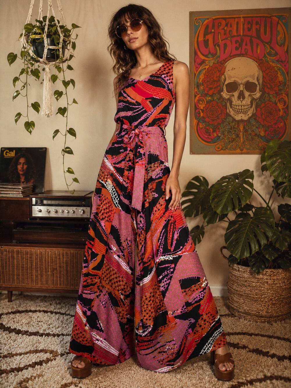 Vintage 70s Dynasty Psychedelic Orange Black Wide Leg Jumpsuit Tie Belt Sz 10